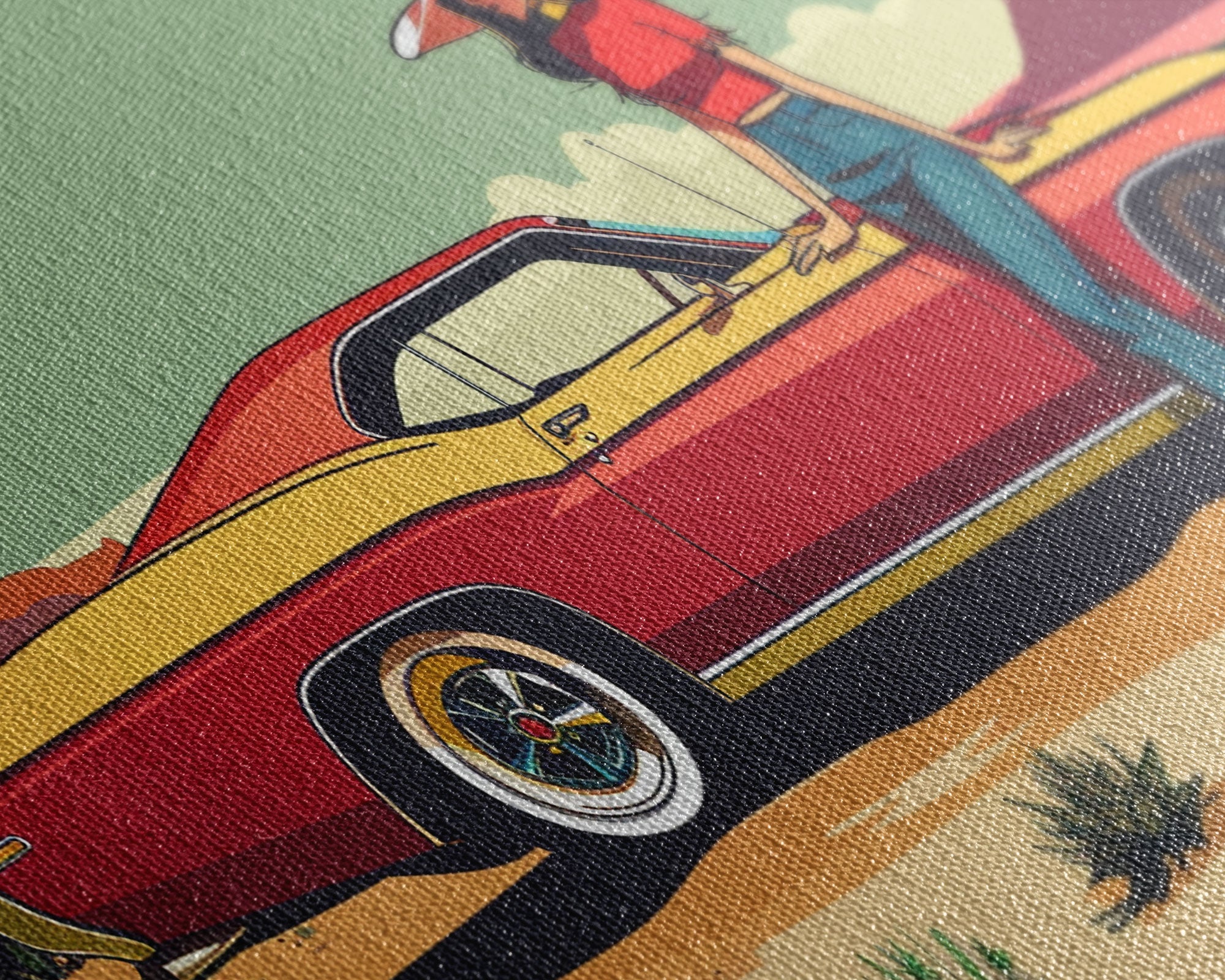 Retro Cowgirl with Red Car in Desert Landscape, Framed Canvas Print for Stylish Living Room Decor, Ideal Bedroom Wall Art