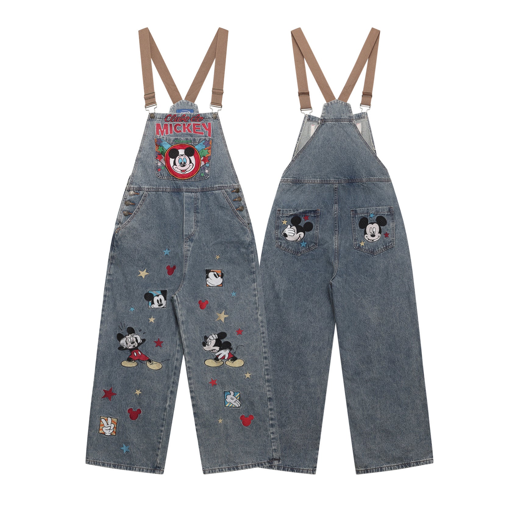 Retro Cartoon Embroidery Washed Denim Overalls Unisex Unique Design Loose Jumpsuit