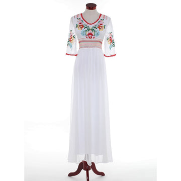 Newest Fashion  Designer Maxi Dress Women's Half Sleeve Retro Embroidery Party Cotton Long Dress