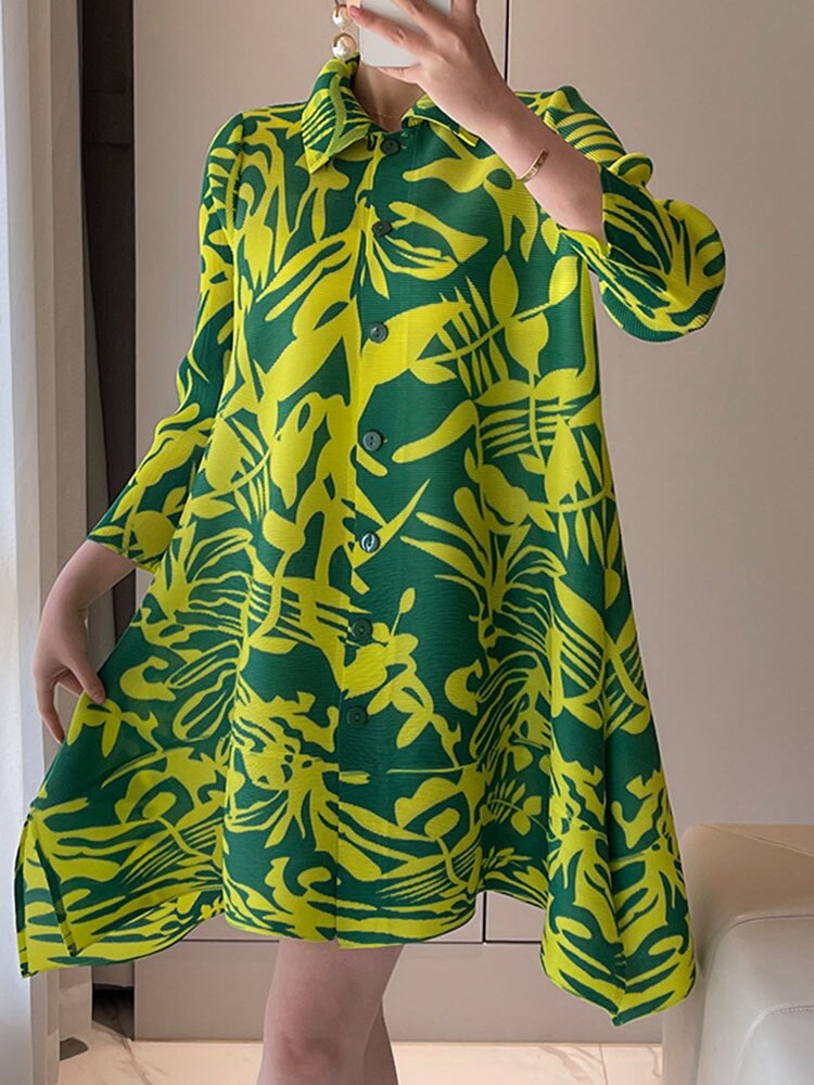 Vintage Pleated Print Irregular Dress Women Lapel Loose Single Breasted Spring Summer New Elegant Fashion Tide