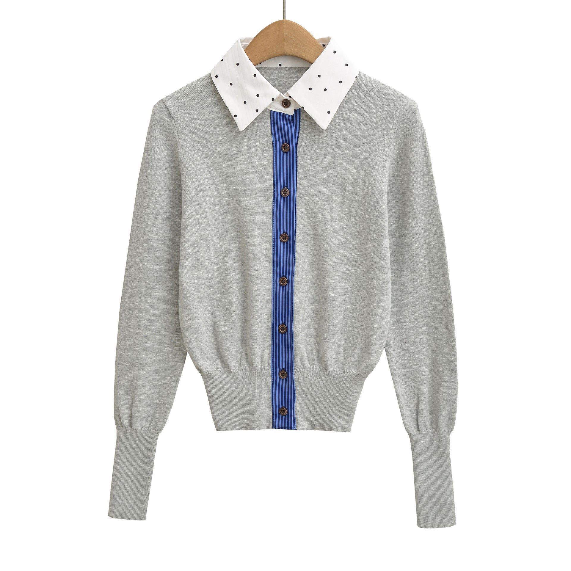 Retro slimming cardigan top fake two-piece patchwork embroidered knit sweater