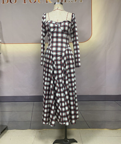 U-shaped collar checkered long sleeved slim fit belt retro dress for women