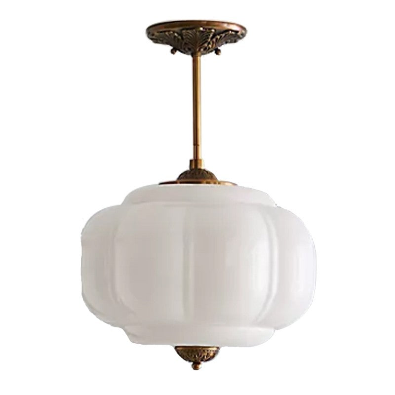 Vintage All-Copper Ceiling Lamp, American Style Simple Glass Pumpkin Pendant Light for Restaurant, Bedroom, Study, Balcony, Entryway, Retro Chandelier
