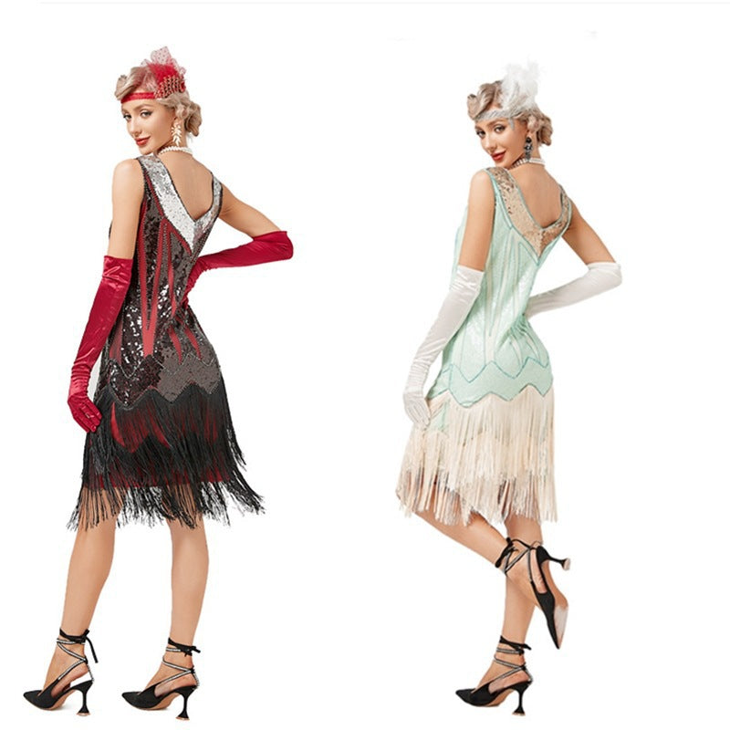 Vintage 1920s Retro V-Neck Fringe Dress Gatsby Party Latin Dance Sequin Beaded Cocktail Dress
