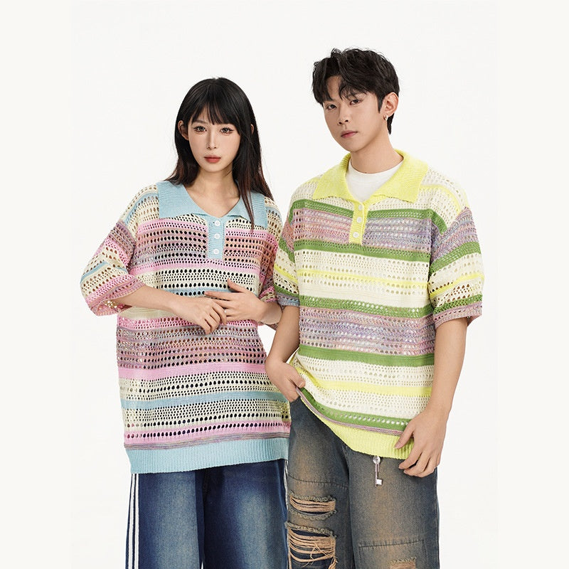 Retro Striped Gradient Floral Summer Hollow-out Shirt Unisex Couple Ins Versatile Loose Casual Top