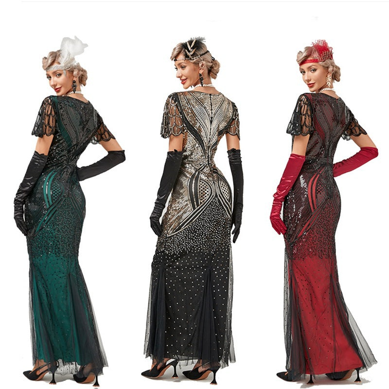 New 1920s Retro Gatsby Party Host Mesh Sequin Beaded Evening Dress Mermaid Dress