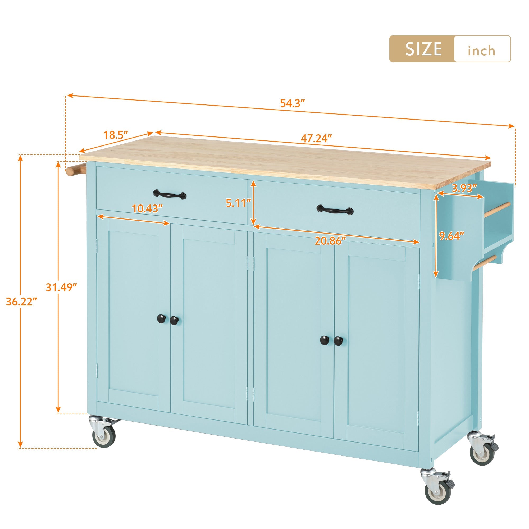 Kitchen Island Cart with 4 Door Cabinet and Two Drawers and 2 Locking Wheels - Solid Wood Top (Mint Green)