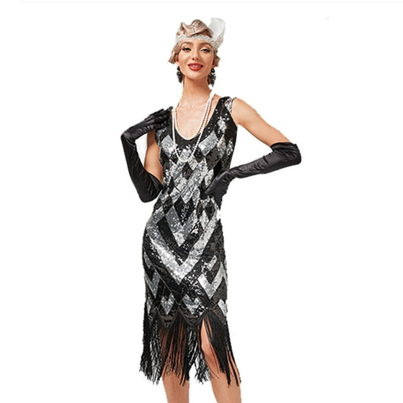 Gatsby Sequin Fringe Dress 1920s Vintage V-Neck Elegant Evening Gown Sexy Fringed Dress