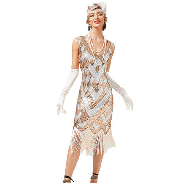 Gatsby Sequin Fringe Dress 1920s Vintage V-Neck Elegant Evening Gown Sexy Fringed Dress
