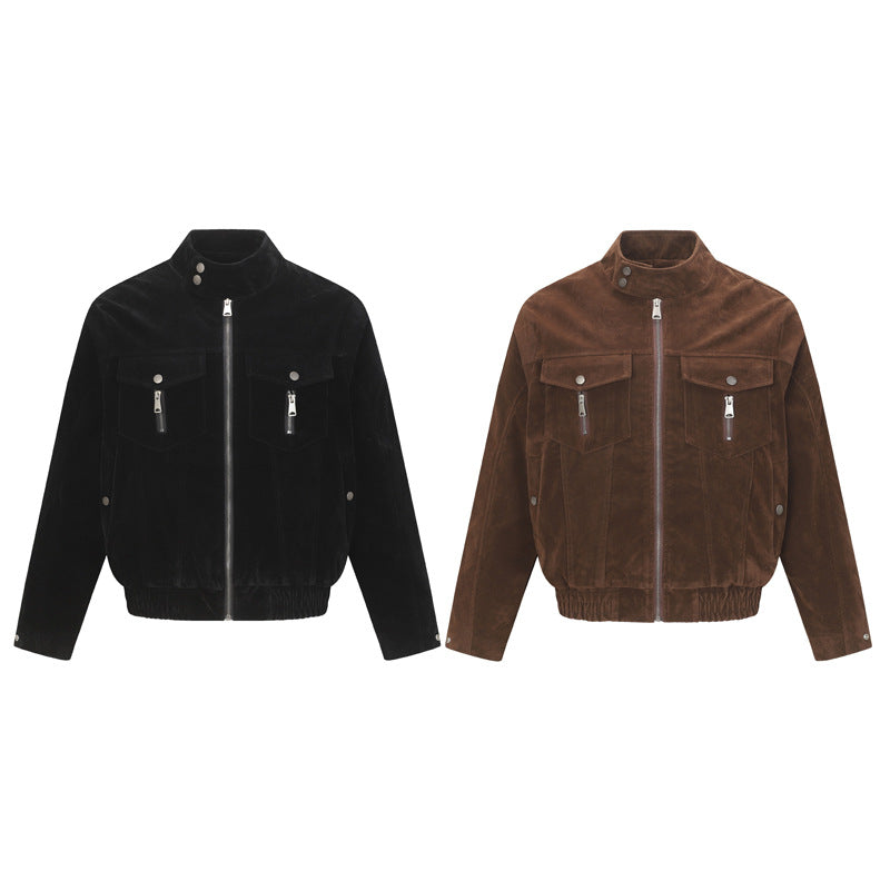 Retro Suede-Like Stand Collar Harrington Workwear Jacket, Trendy Clean Fit Oversized Outerwear for Men