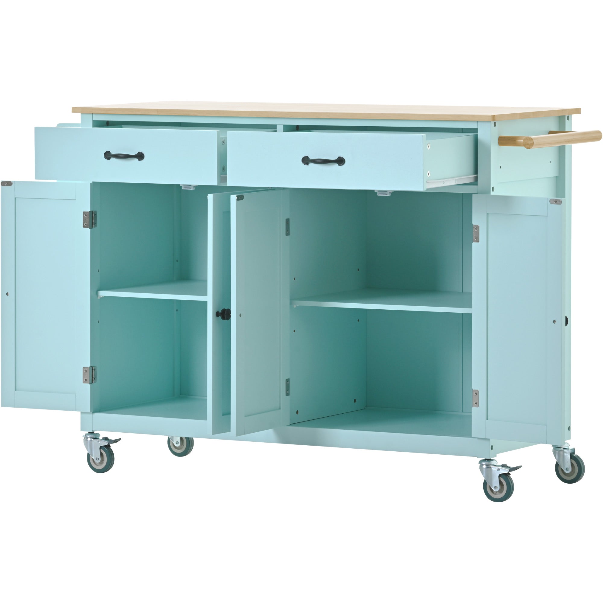 Kitchen Island Cart with 4 Door Cabinet and Two Drawers and 2 Locking Wheels - Solid Wood Top (Mint Green)