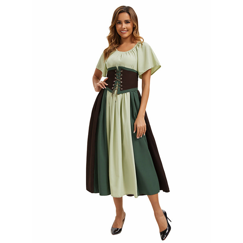 Style Medieval Retro Color-block Spliced Tie-waist Flared Dress for Costume Party Formal Dress