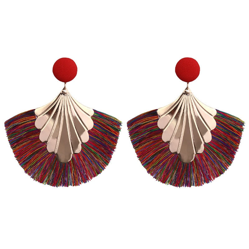 Bohemia Fan Shaped Tassel Earrings For Women Exaggerated Big Statement Fringed Earrings Vintage Dangle Drop Earrings