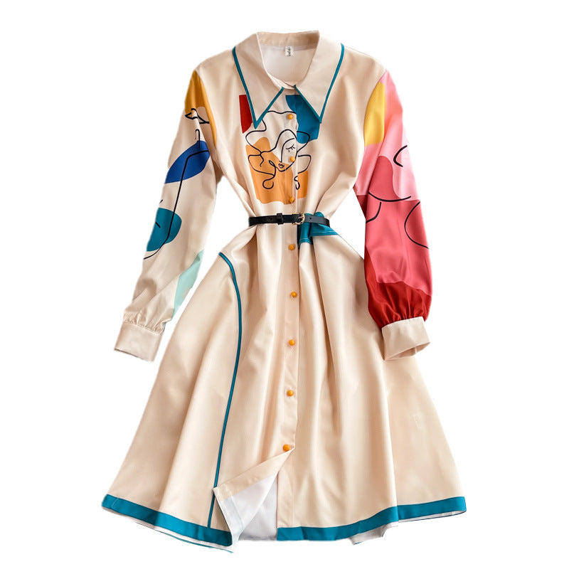 Autumn New Style Retro Temperament Mid-Length High Waisted Slim Printed Lapel Single Breasted Dress