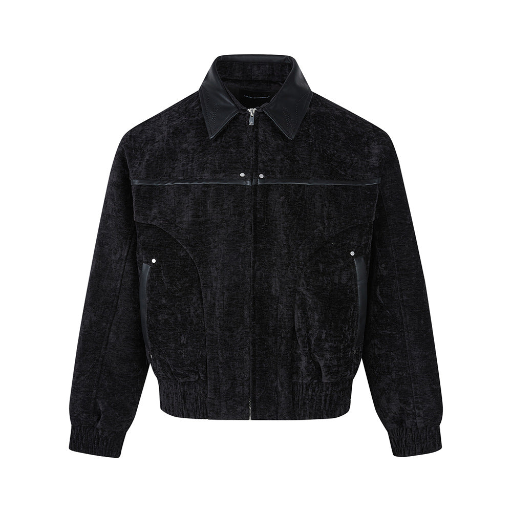 Velvet Chenille Blended Jacket with Textured Design Vintage Lapel Zipper Leather Splicing Outerwear for Men and Women