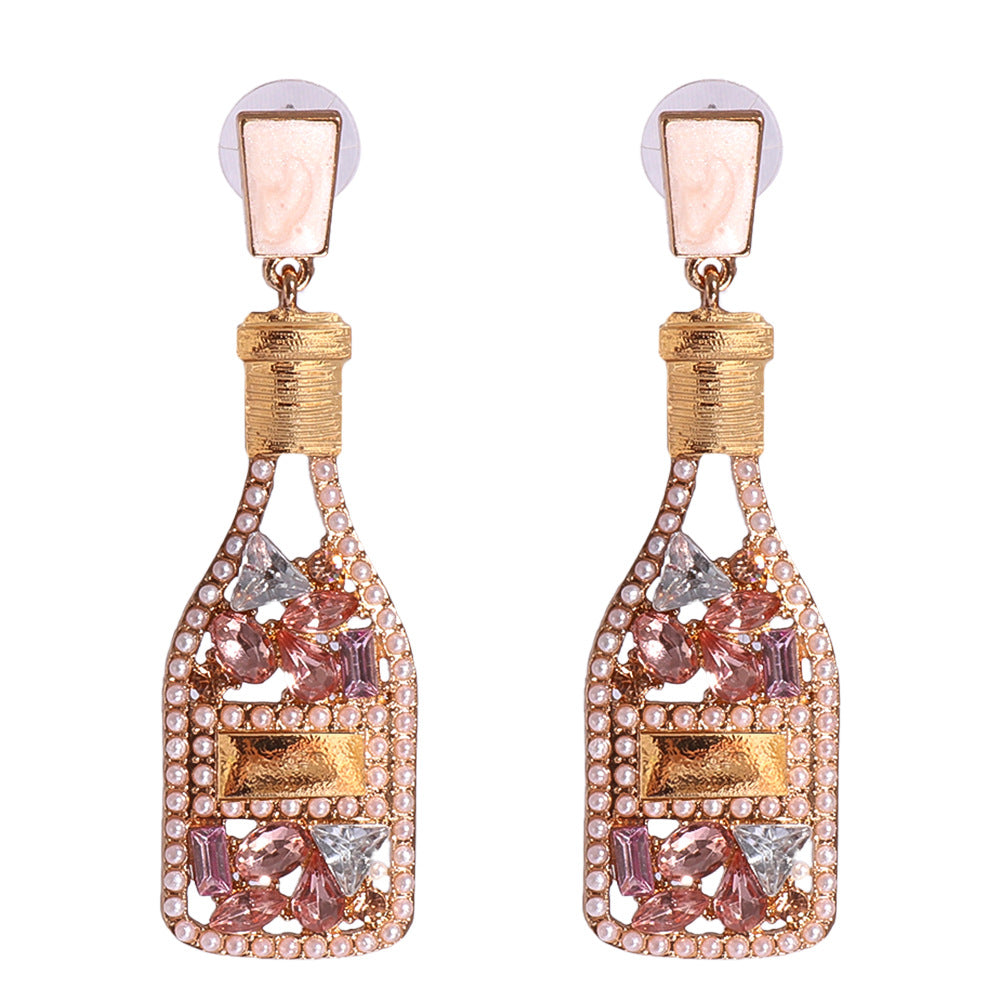 Vintage Champagne Bottle Full Of Diamond Pearl Earrings Personalized Women's Jewelry