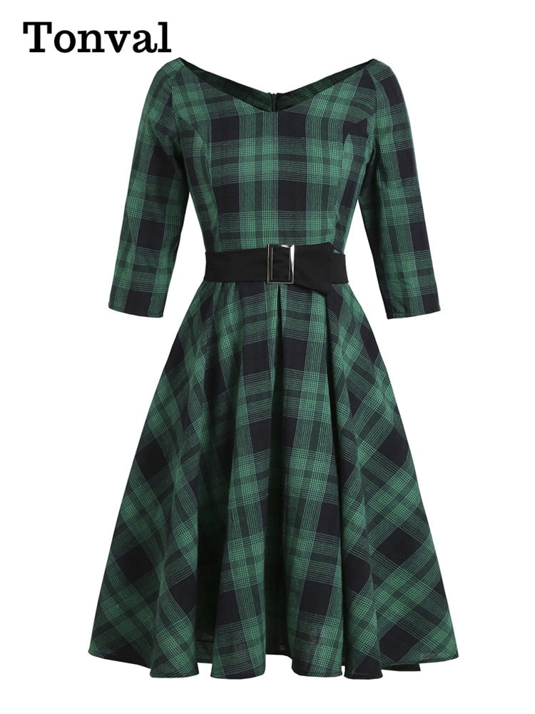 Tonval Green Plaid Elegant 1950s Style Vintage Robe V Neck High Waist Dress 3/4 Length Sleeve Women Retro Clothes Midi Dresses