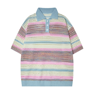 Retro Striped Gradient Floral Summer Hollow-out Shirt Unisex Couple Ins Versatile Loose Casual Top