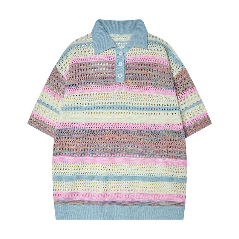 Retro Striped Gradient Floral Summer Hollow-out Shirt Unisex Couple Ins Versatile Loose Casual Top