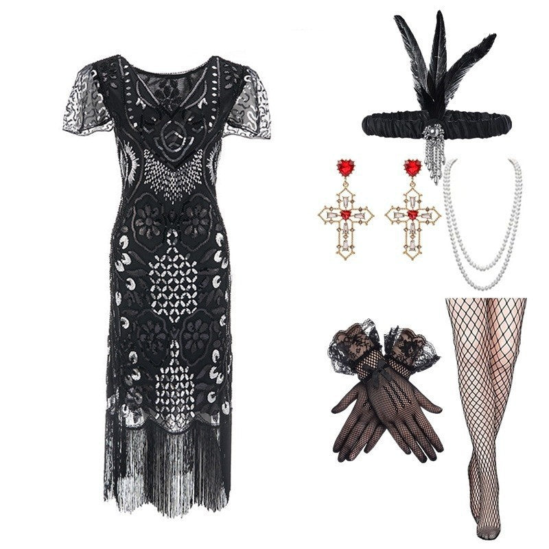 Party 1920s  Style Retro Gatsby V-Neck Evening Dress with Sequins and Fringe Short Sleeve Dress