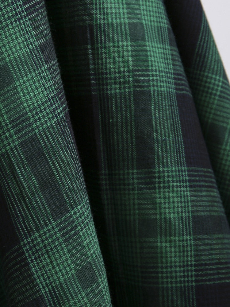 Tonval Green Plaid Elegant 1950s Style Vintage Robe V Neck High Waist Dress 3/4 Length Sleeve Women Retro Clothes Midi Dresses