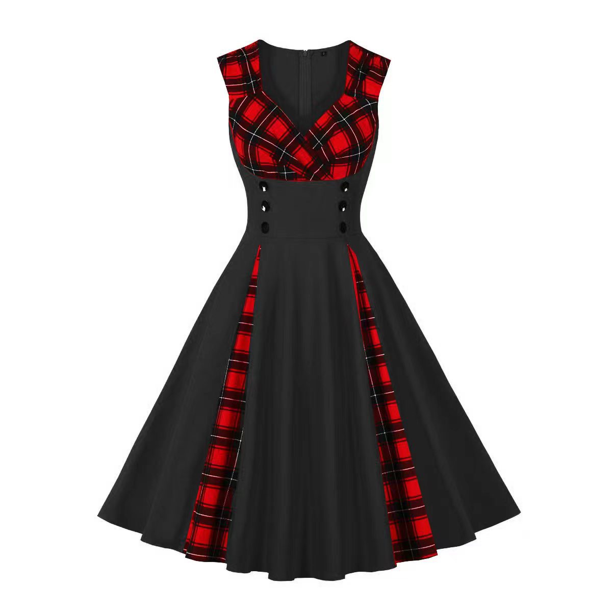 Halloween cotton double-breasted plaid printed sleeveless V-neck vintage dress