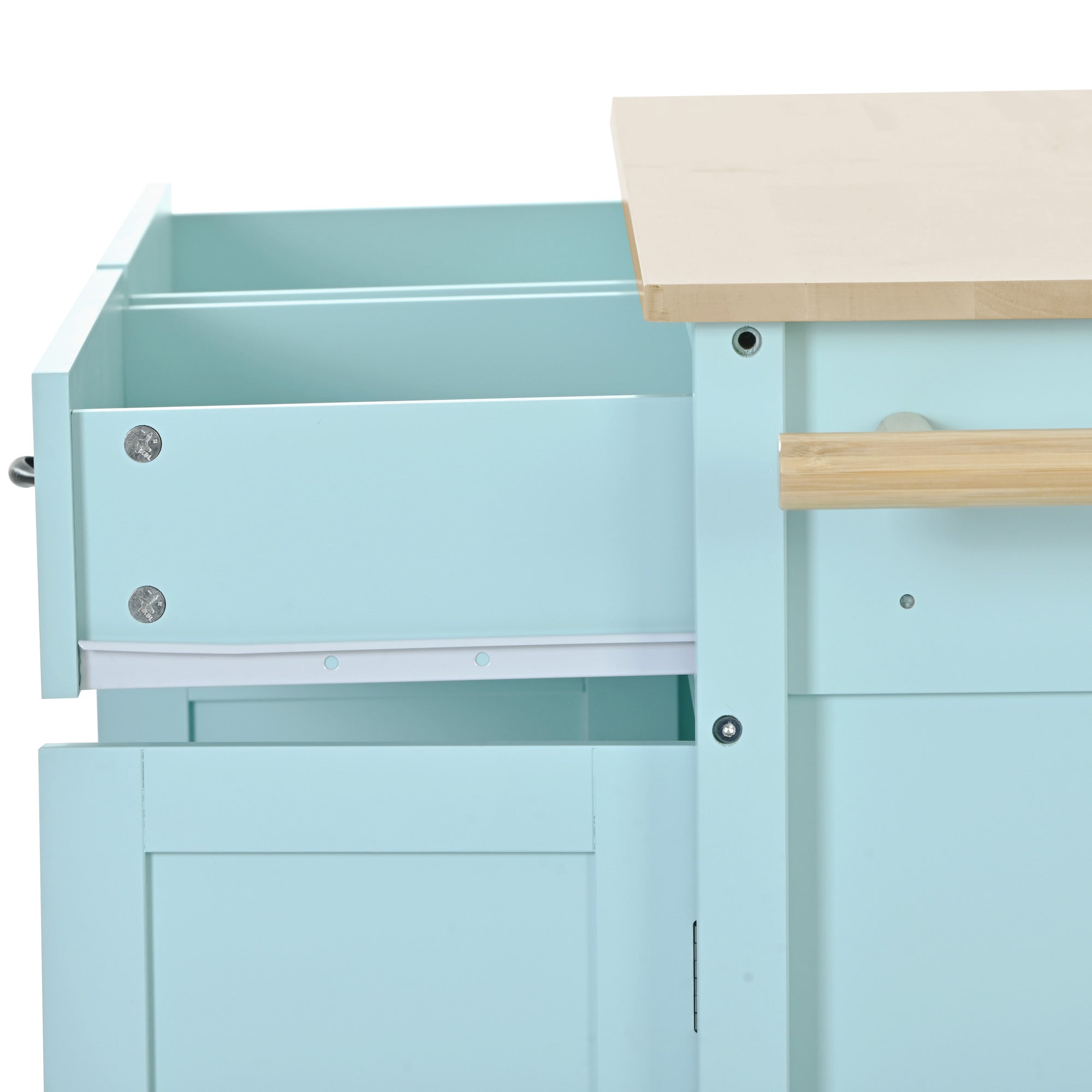 Kitchen Island Cart with 4 Door Cabinet and Two Drawers and 2 Locking Wheels - Solid Wood Top (Mint Green)
