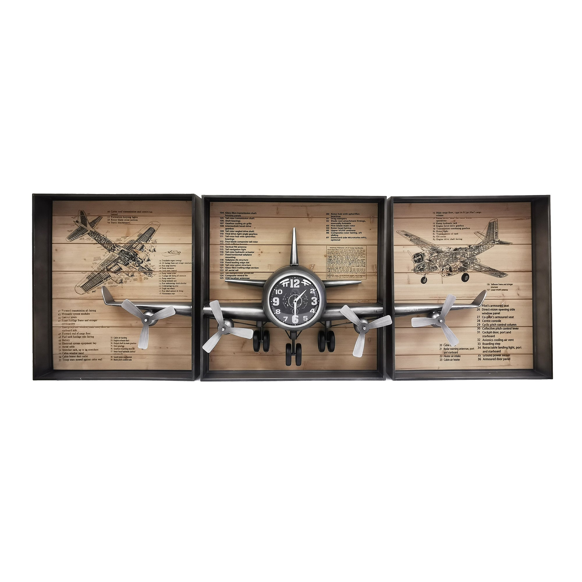 Metallic Vintage Airplane Wall Art with Clock, Set of 3 by Peterson Housewares & Artwares