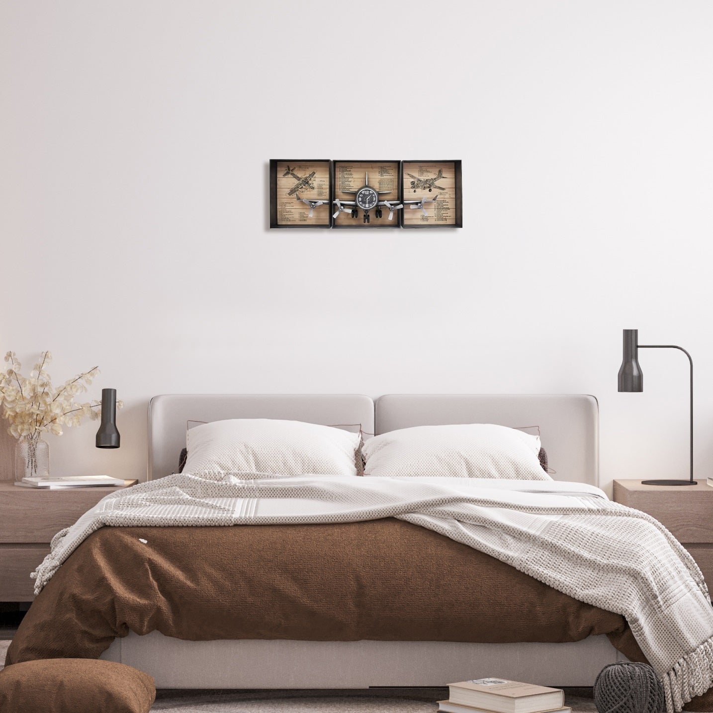 Metallic Vintage Airplane Wall Art with Clock, Set of 3 by Peterson Housewares & Artwares