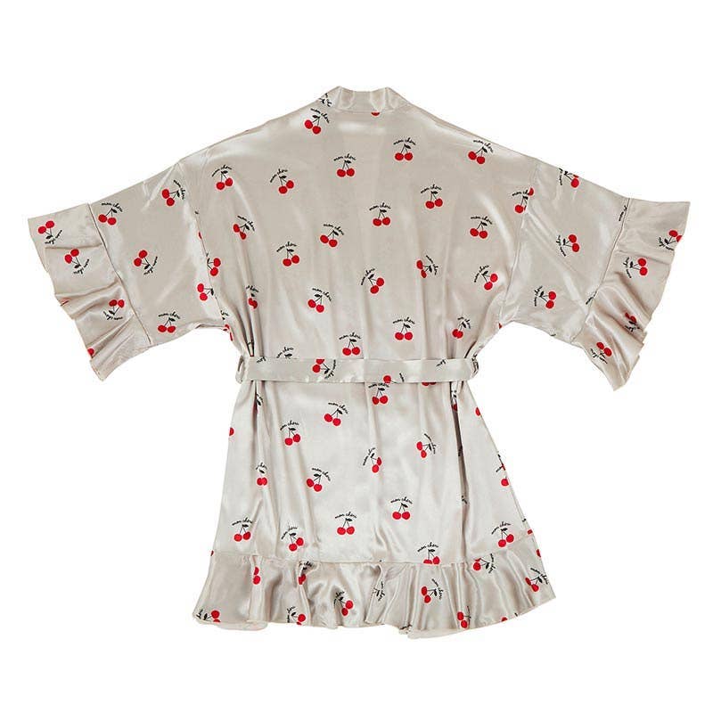 Cherries Ruffled Satin Shortie Robe - Mon Cheri Red and Ivory Wrap Belted Robe [Sizes S/MD - L/XL]