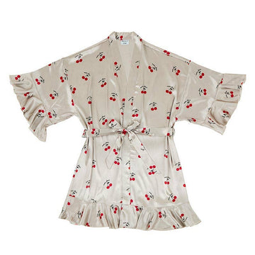 Cherries Ruffled Satin Shortie Robe - Mon Cheri Red and Ivory Wrap Belted Robe [Sizes S/MD - L/XL]