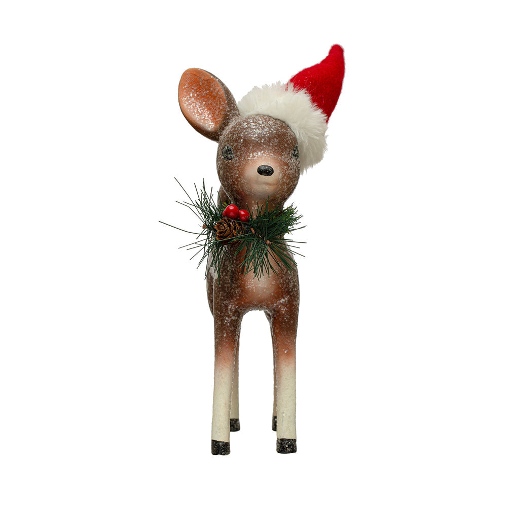 10" Christmas Fawn w/ Santa Hat & Glitter