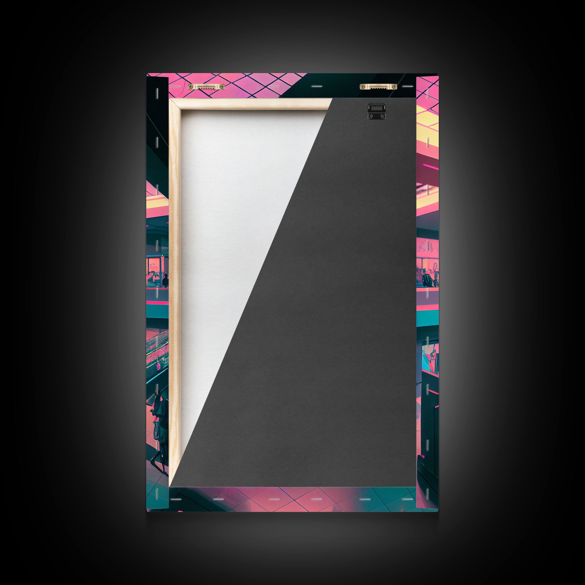 Monument to Capitalism, Retro 80's mall art, framed canvas print, vaporwave aesthetic consumer art