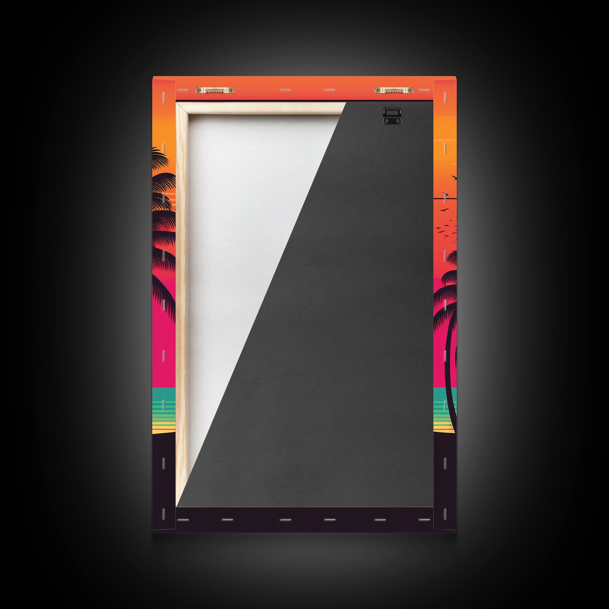 Retro Beach Vibes, Palm Trees at Sunset, Retrowave Landscape Art, Framed Canvas Print,  Florida Art, California Art, Game Room Decor