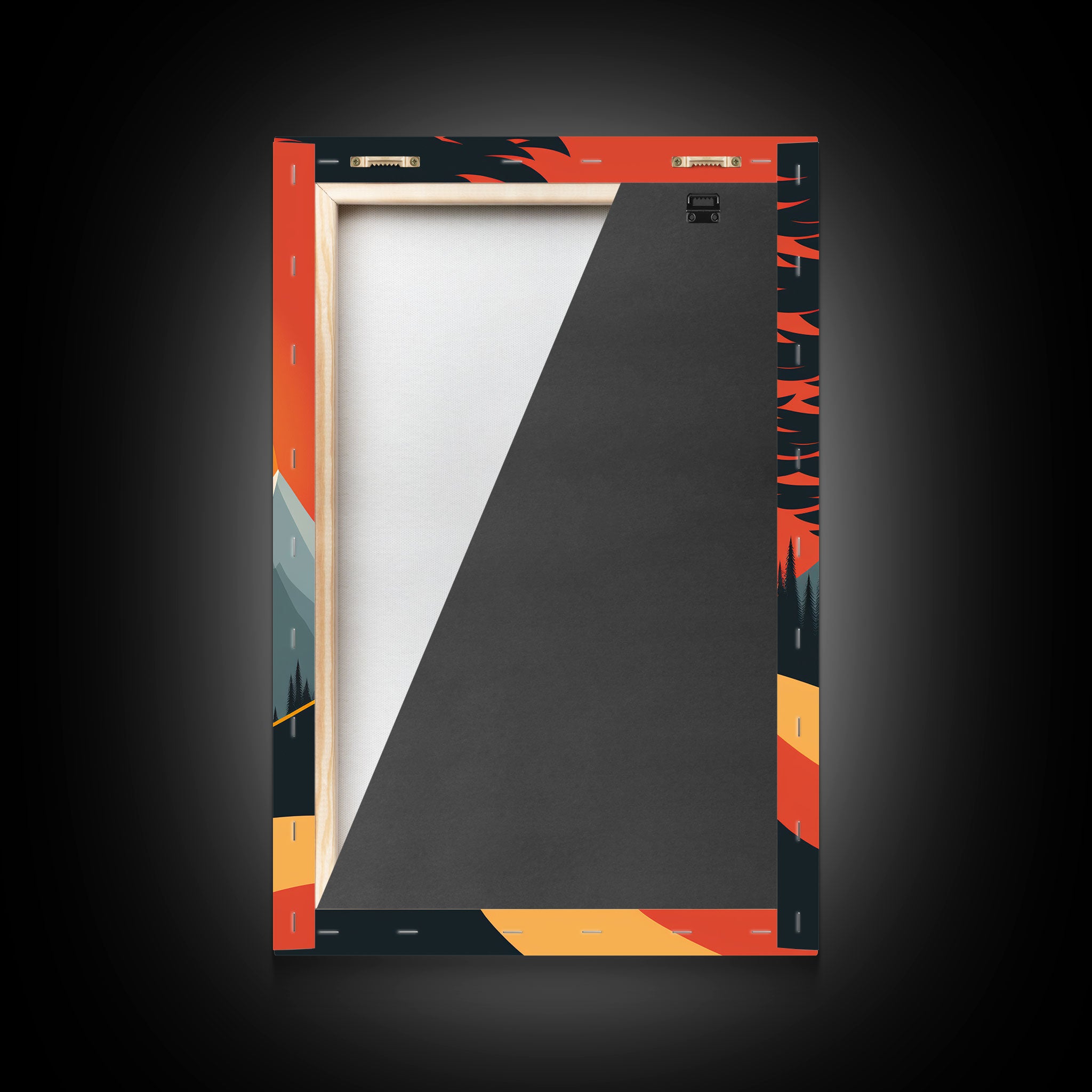 Retro Landscape Art, Sunset Over The Mountains, Framed Canvas Print, Minimalist Pop Art, Above Sofa Living Room Art, Entryway Art