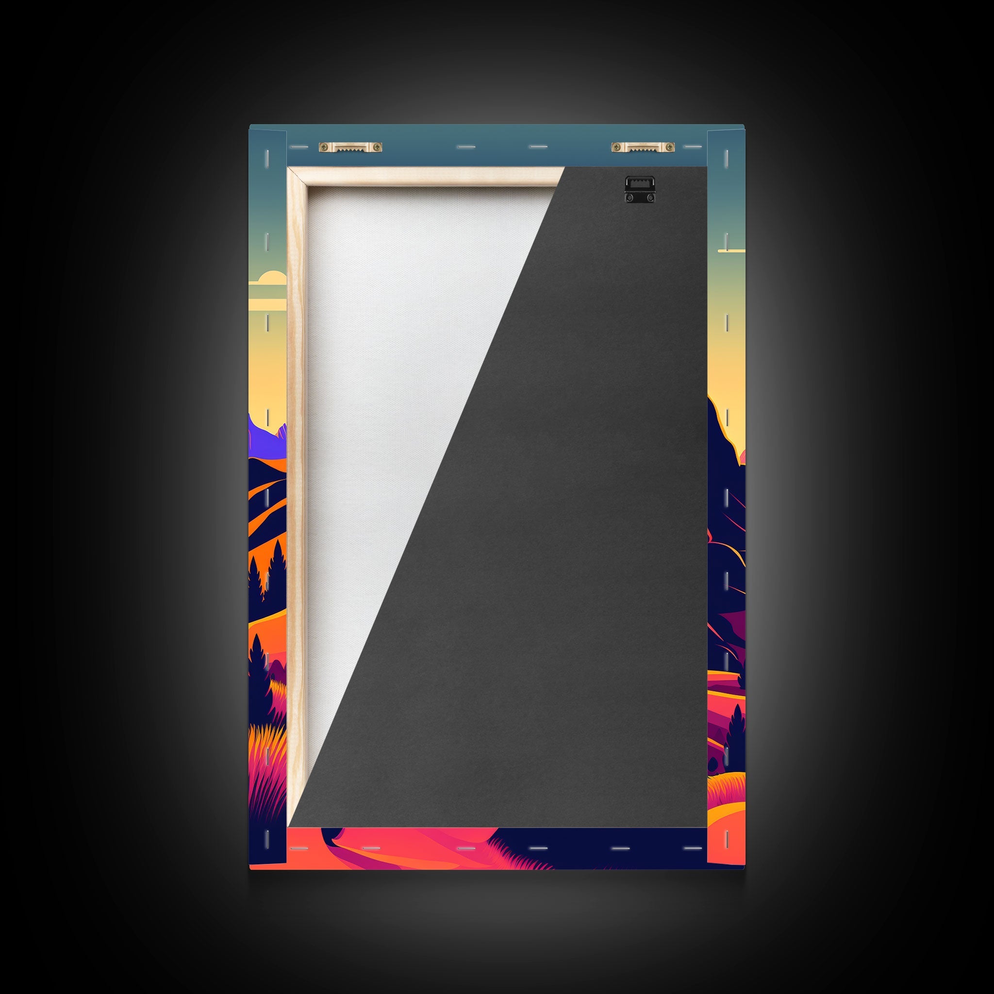 Retro Purple Midcentury Style Wall Art, Framed Canvas Print, Colorful Wall Art, Mountain Landscape, Office Decor, Low Res Art