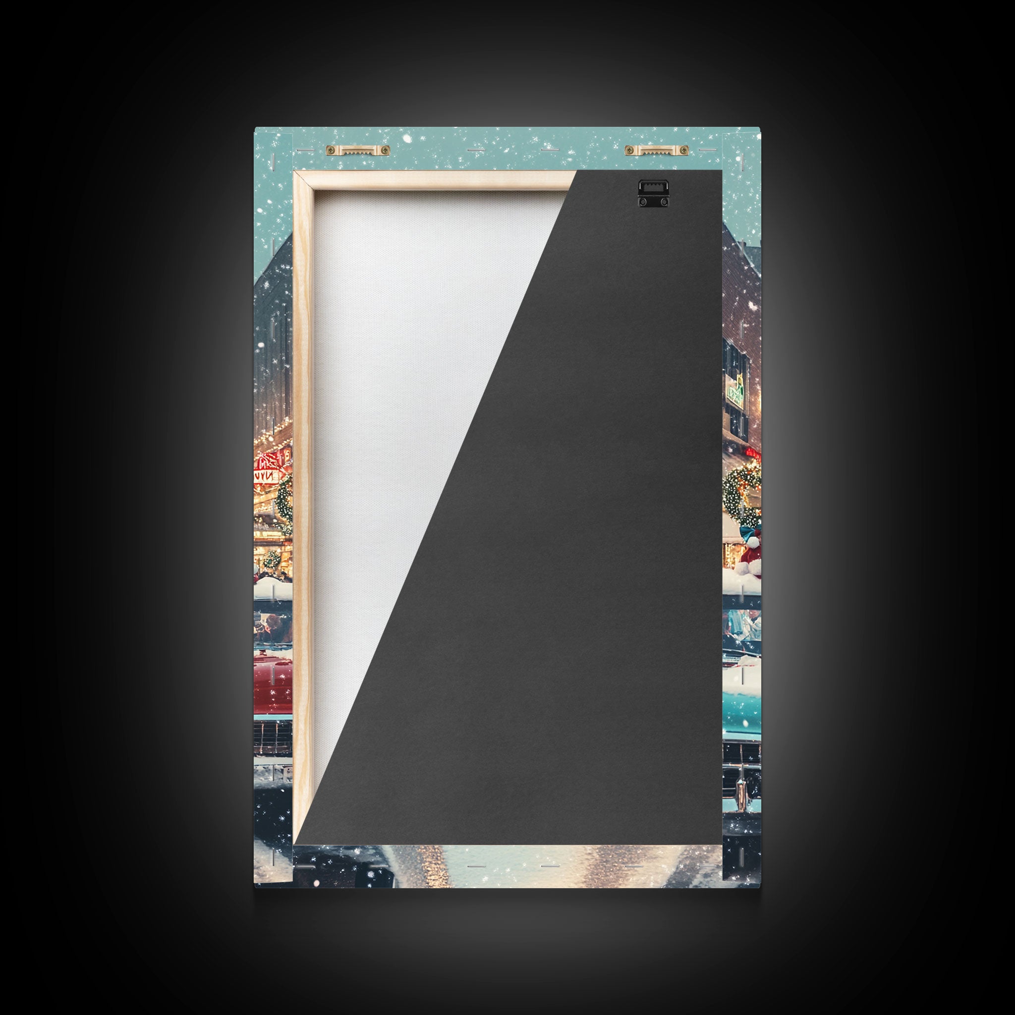 Retro Christmas Parade on Snowy Main Street with Classic Cars and Holiday Decorations, Framed Canvas Print for Christmas Wall Decor