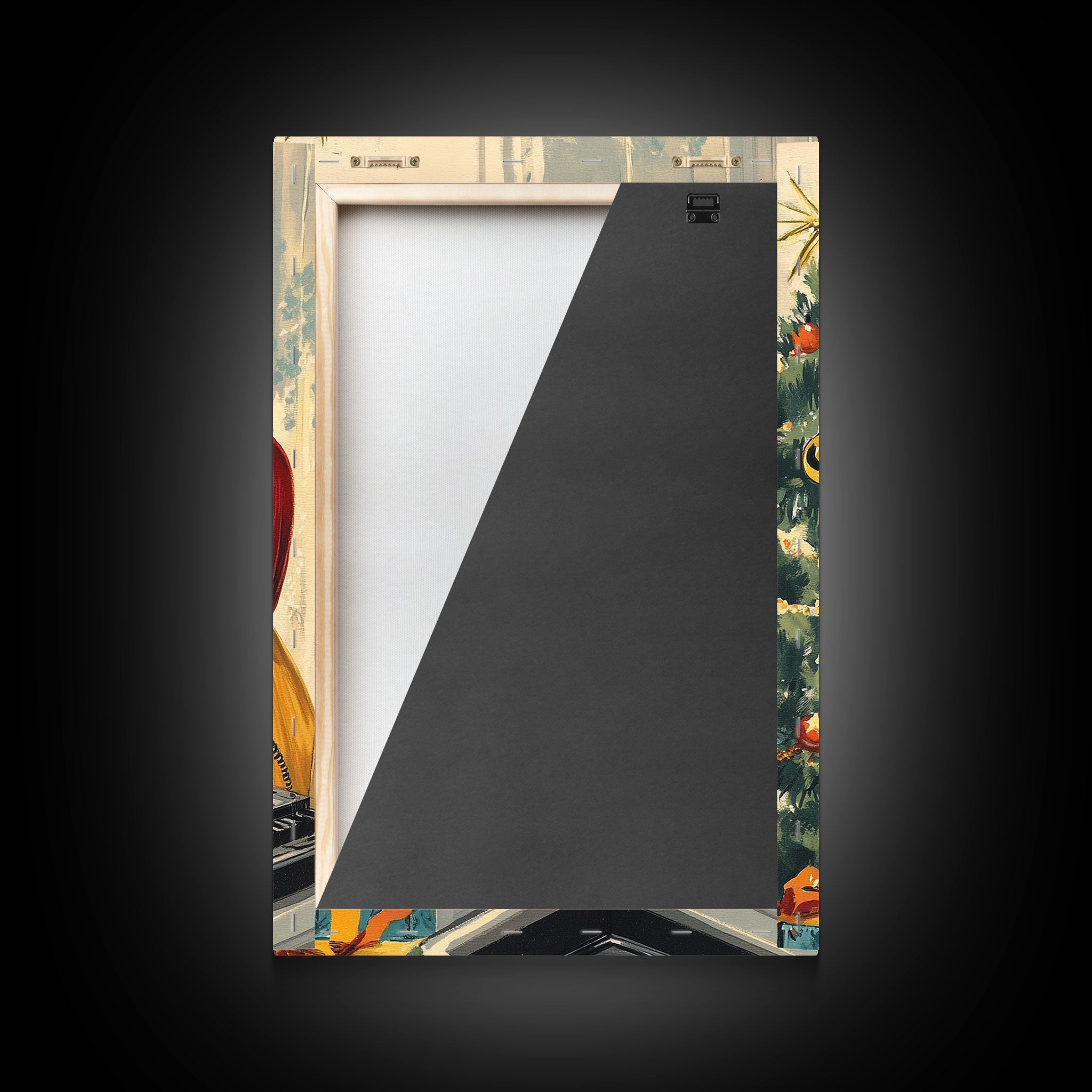 Mid-Century Family Christmas Celebration with Turntable and Christmas Tree, Retro Holiday Wall Art, Framed Canvas Print