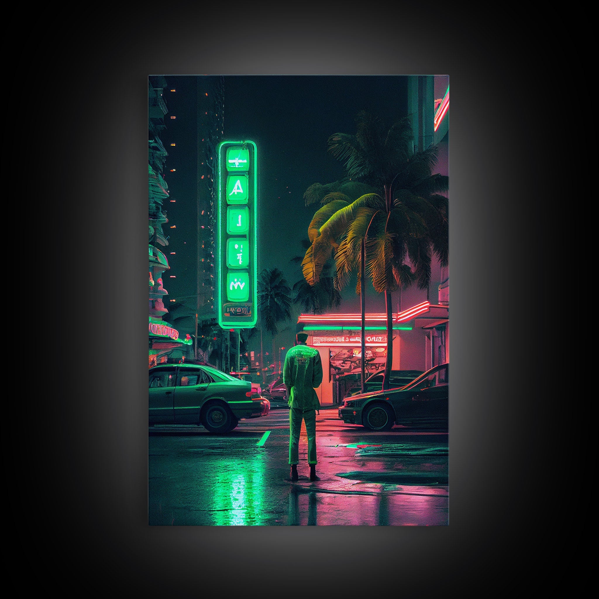 Neon Tokyo Streets, 80s Retro Style Tokyo Art, Framed Canvas Print