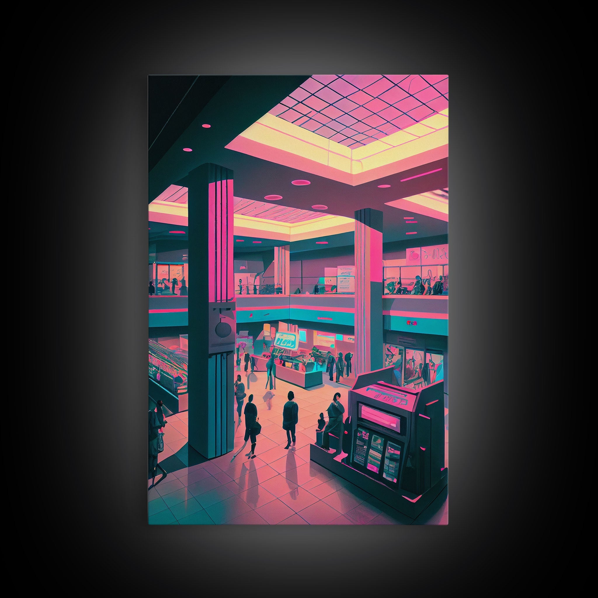 Monument to Capitalism, Retro 80's mall art, framed canvas print, vaporwave aesthetic consumer art