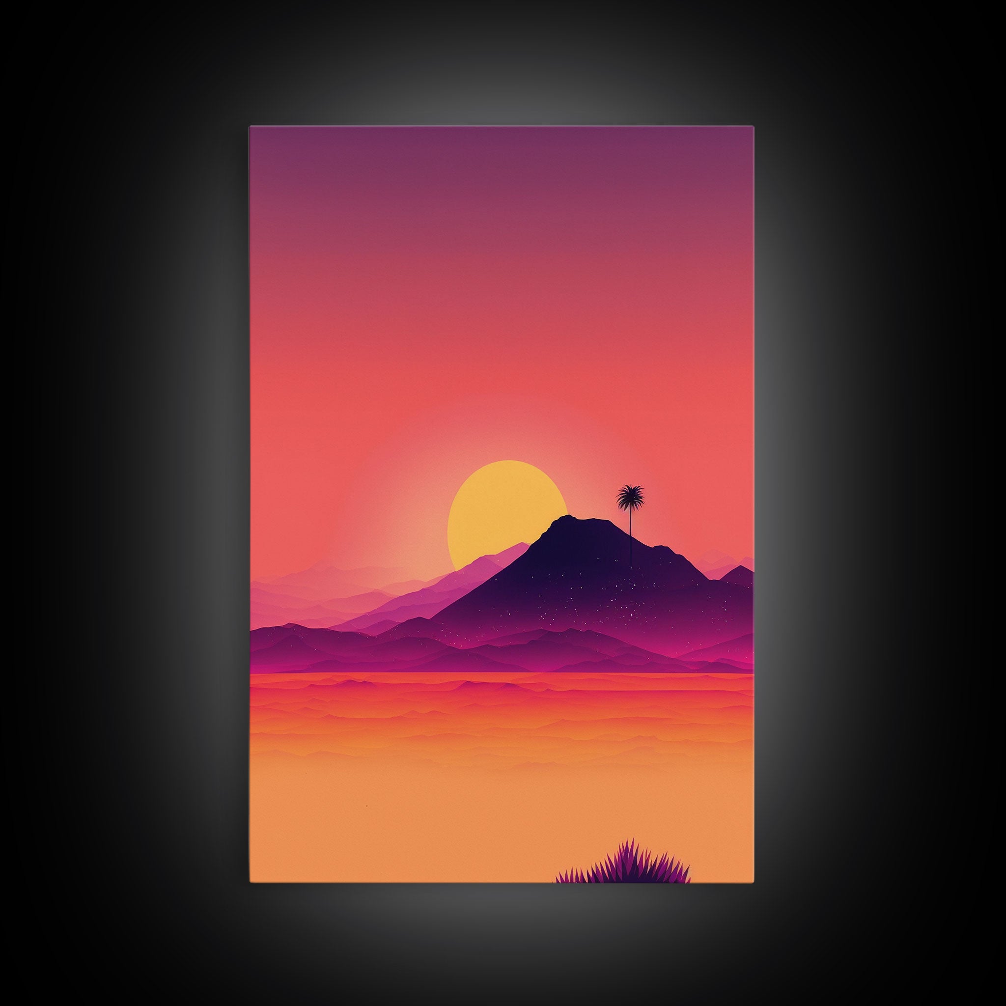 Outrun Style Desert Sunset, Framed Canvas Print, Retro Style 80s Vibe Wall Decor, Office Art, Game Room Decor, Living Room Gamer Art