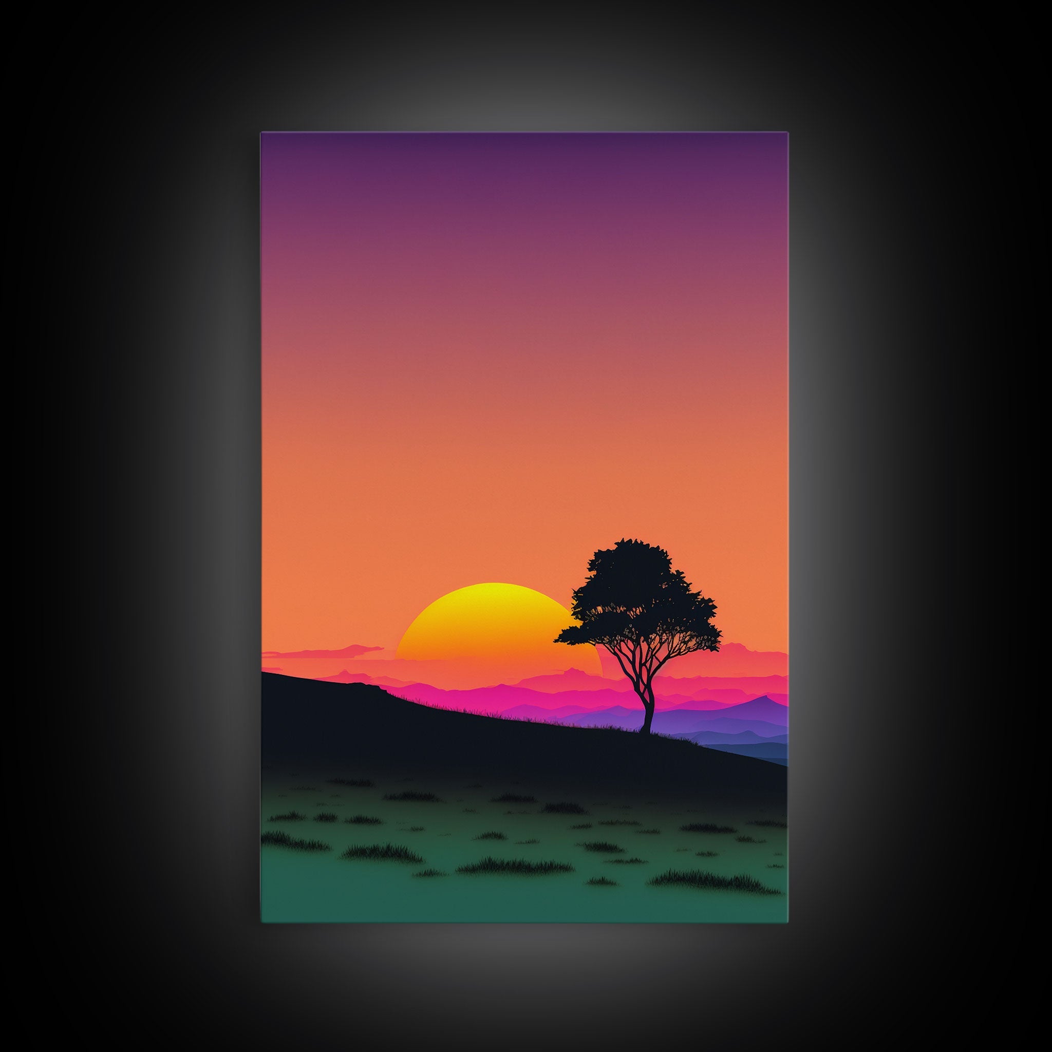 A Lone Tree in a Texas Field At Sunset, Retro Style MCM Art, Framed Canvas Print, Trendy Wall Prints, Landscape and Sunset Outrun Art