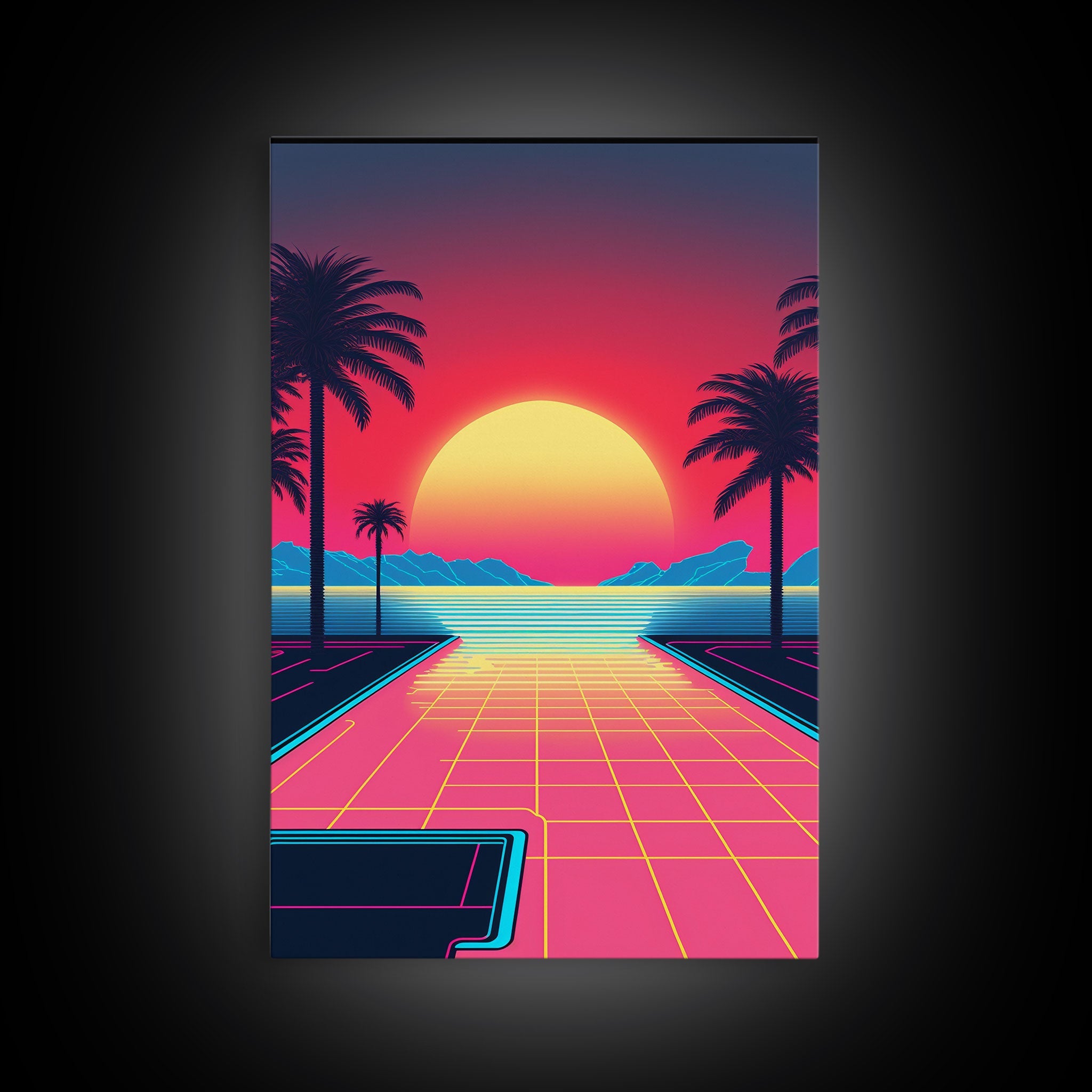Retro Synthwave Sunset Canvas Print w/ Infinite Pool & Palm Trees | Framed Wall Decor | Framed Canvas Prints | Living Room Decor