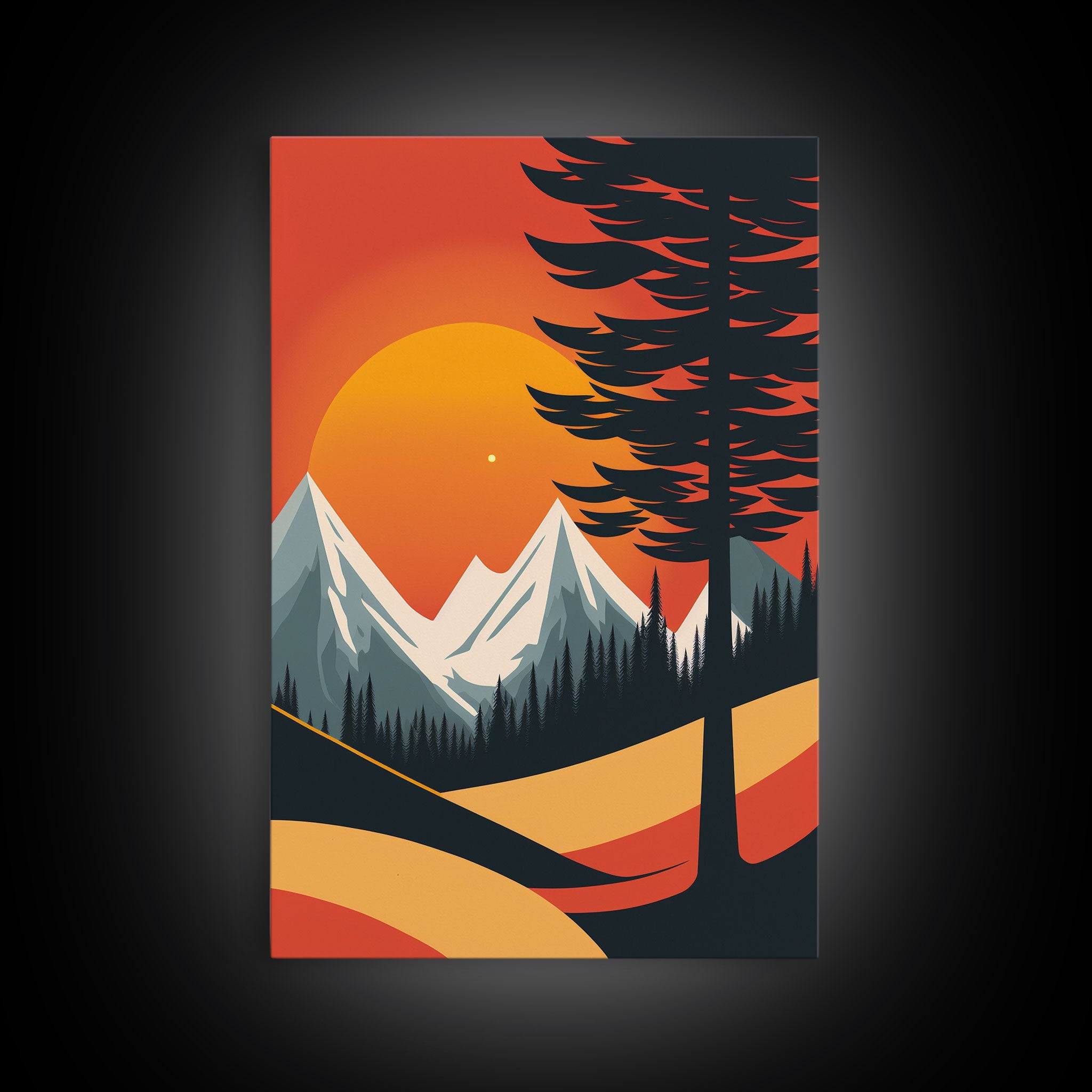 Retro Landscape Art, Sunset Over The Mountains, Framed Canvas Print, Minimalist Pop Art, Above Sofa Living Room Art, Entryway Art