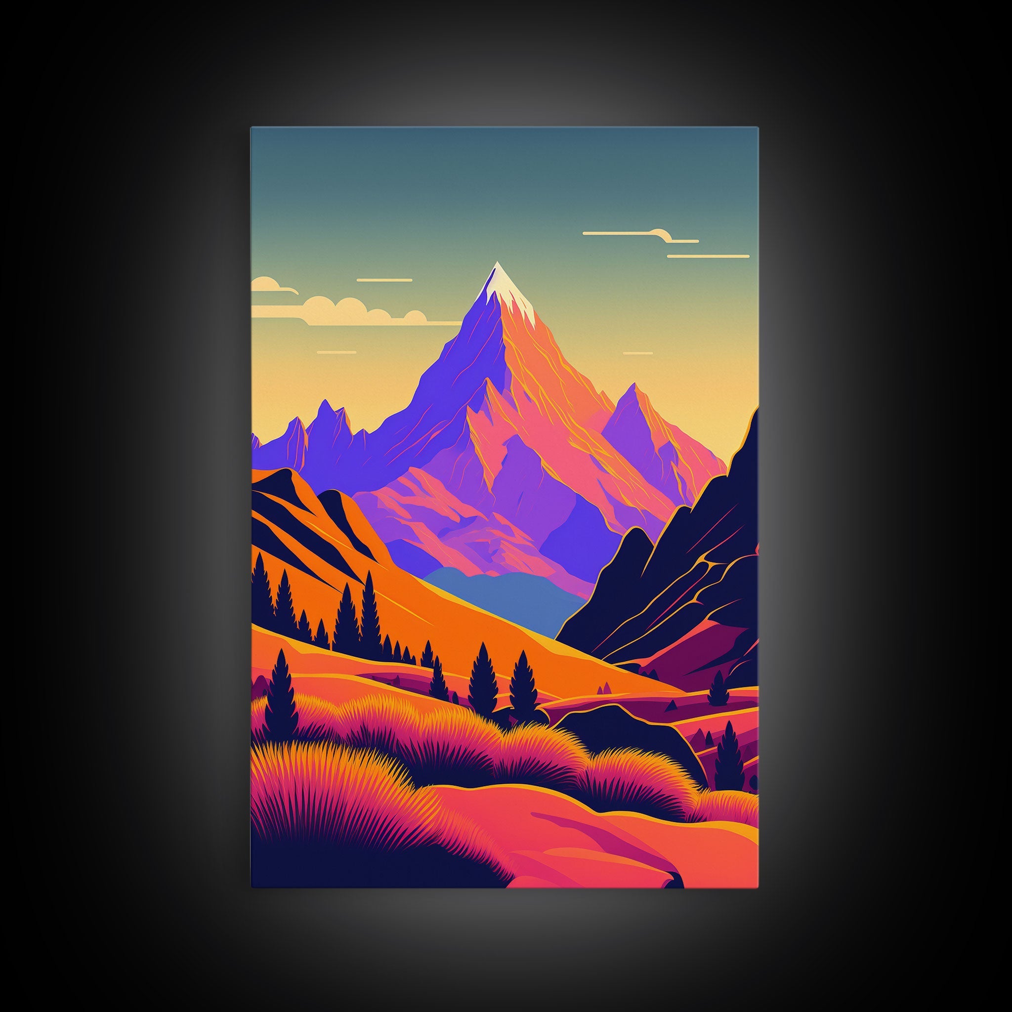 Retro Purple Midcentury Style Wall Art, Framed Canvas Print, Colorful Wall Art, Mountain Landscape, Office Decor, Low Res Art