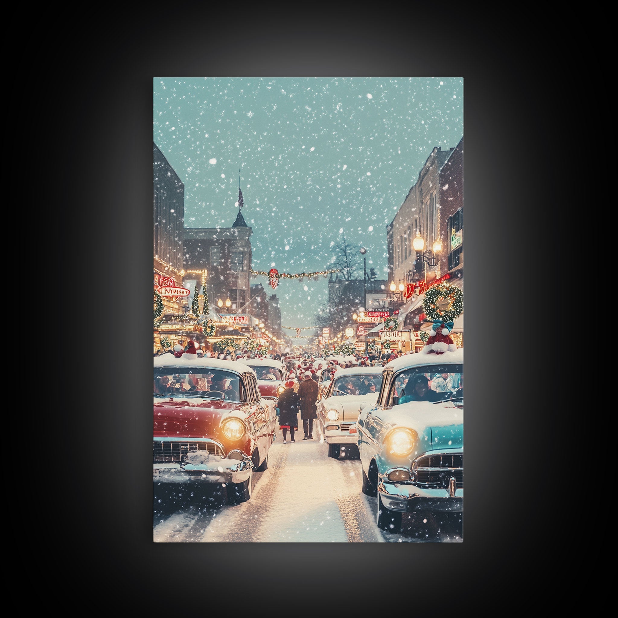Retro Christmas Parade on Snowy Main Street with Classic Cars and Holiday Decorations, Framed Canvas Print for Christmas Wall Decor