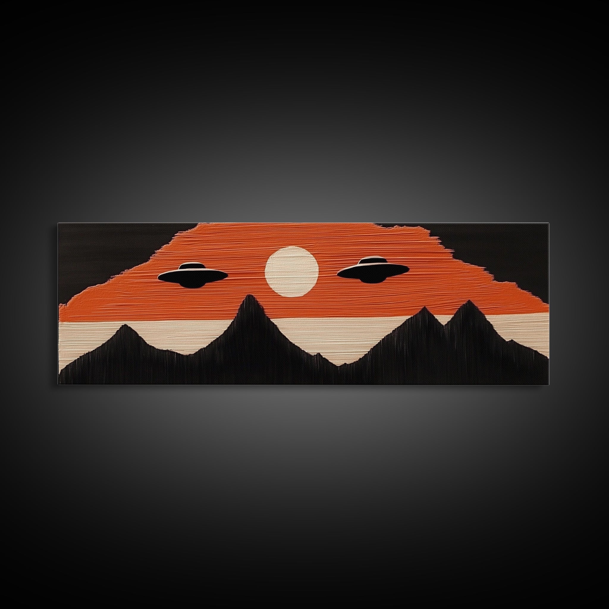 Flying Saucers over The Mountains - Retro Art Deco Inspired Scifi Art - Panoramic Print - Cute Nursery Decor