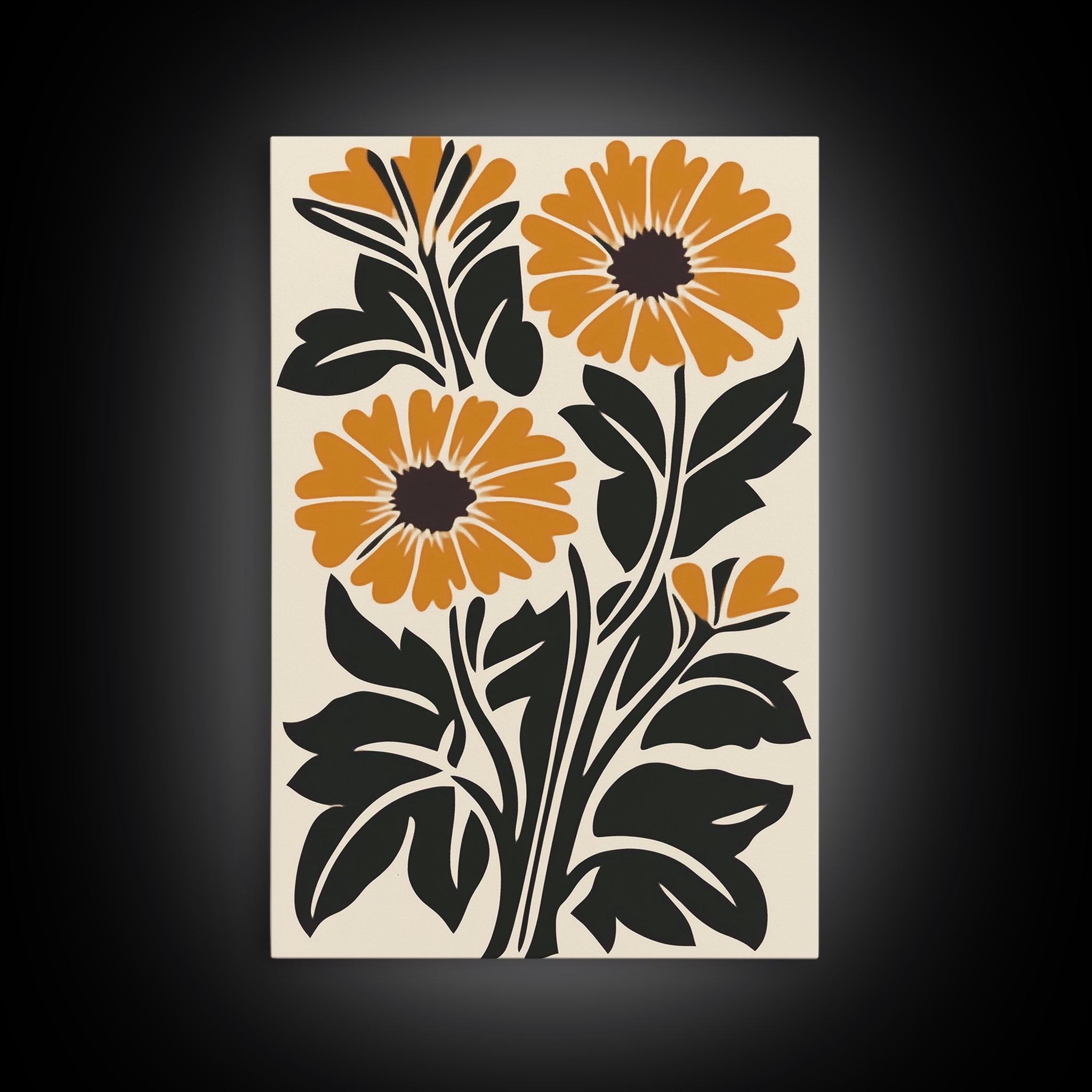 Midcentury Modern Boho Flowers Bouqet Wall Art Canvas Print, MCM Wall Art, Retro Style Abstract Art, Orange Flowers on White Background