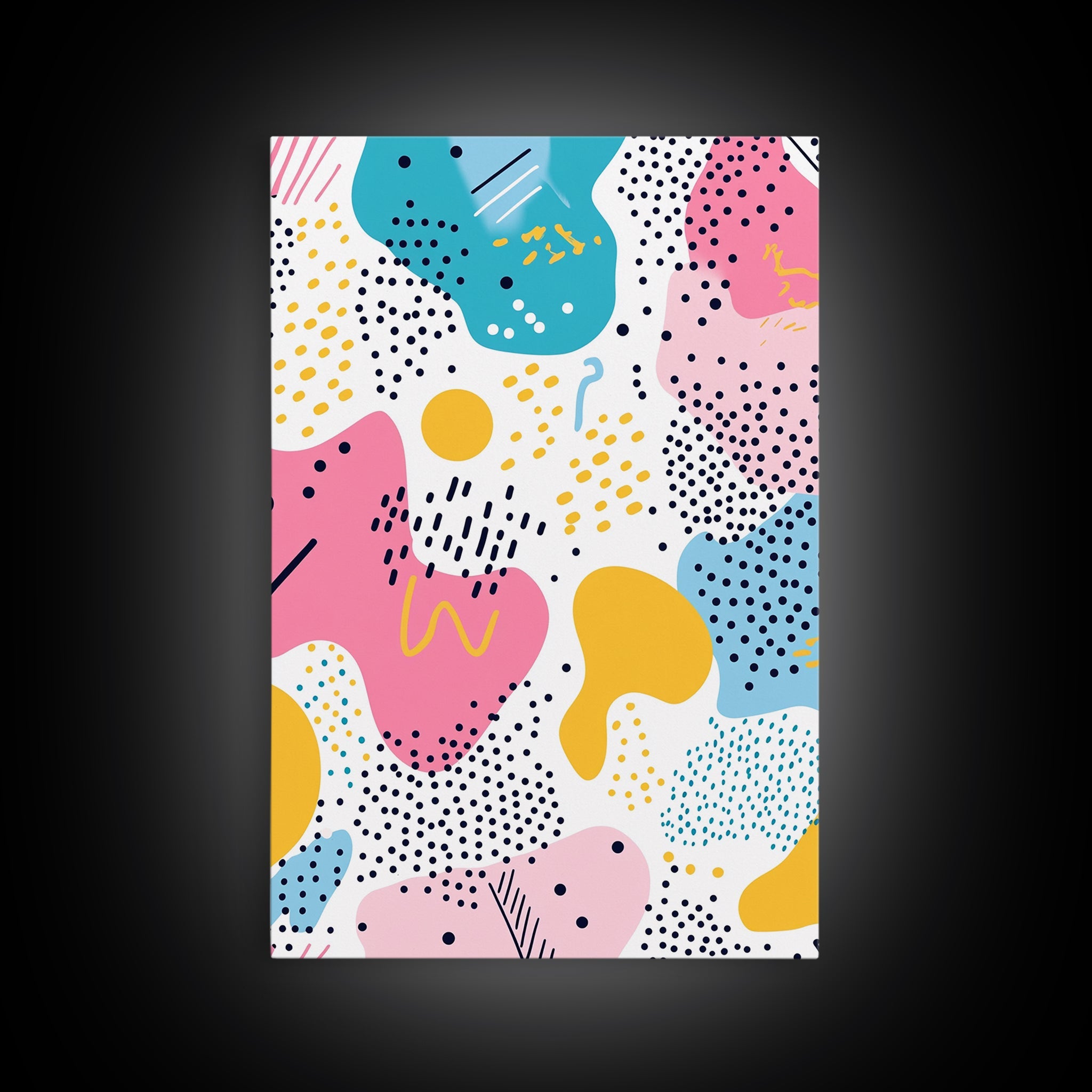Retro 90s Style Wall Art, Framed Canvas Print, Abstract Shapes and Dots