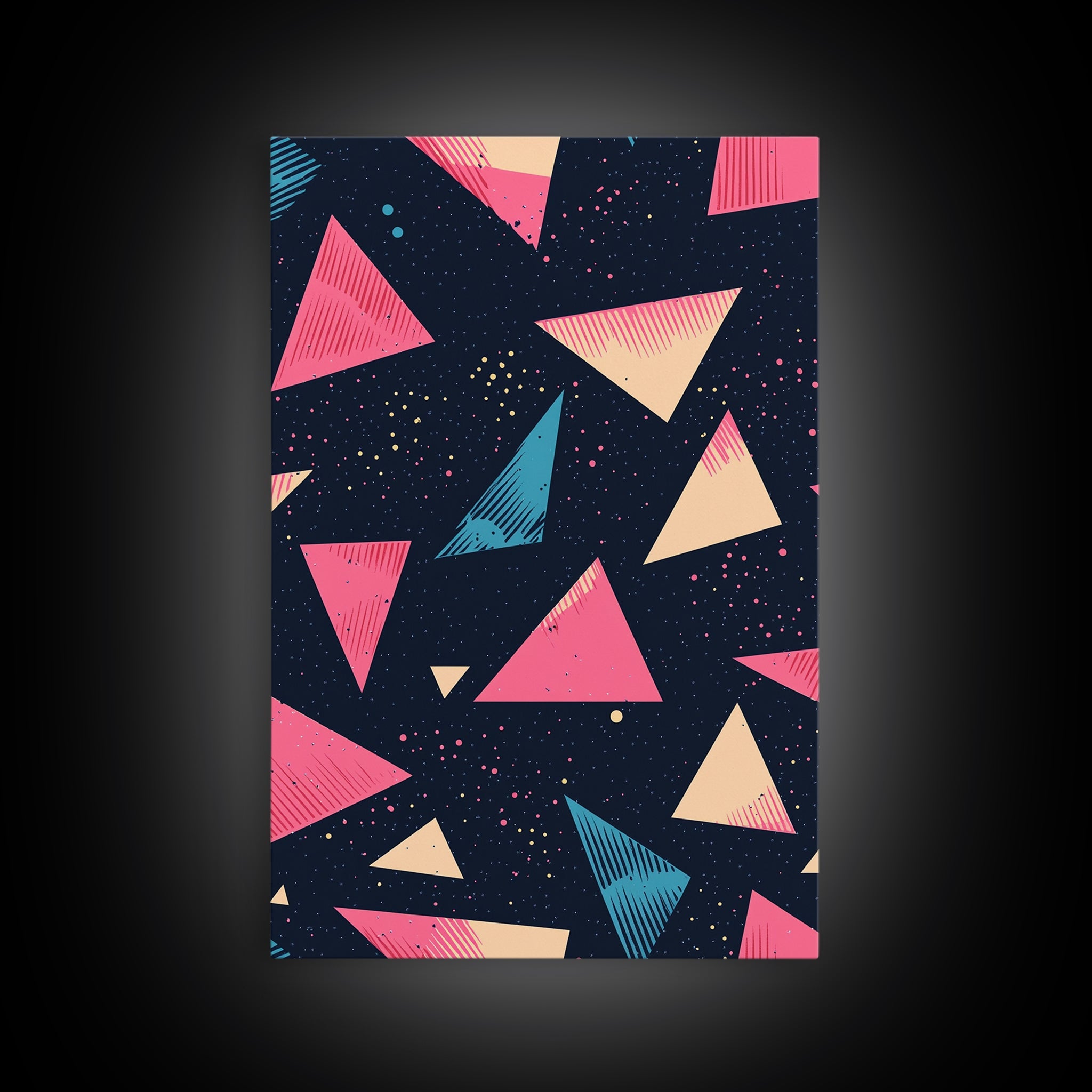 Retro 90s Style Wall Art Framed Canvas Print, Synthwave Abstract Triangles